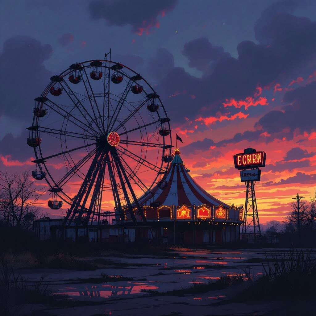 Eerie Abandoned Carnival at Twilight: Digital Painting