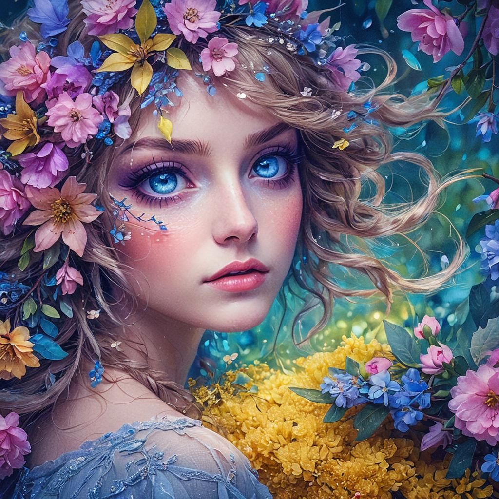 Romantic Portrait of Girl with Flowers and Blue Eyes