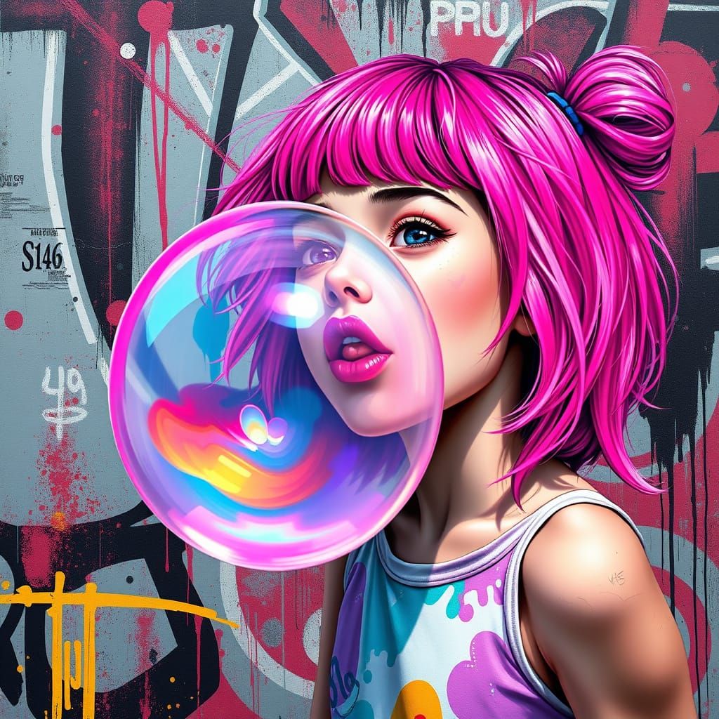 Vibrant Street Art Girl Blows Giant Bubblegum Bubble