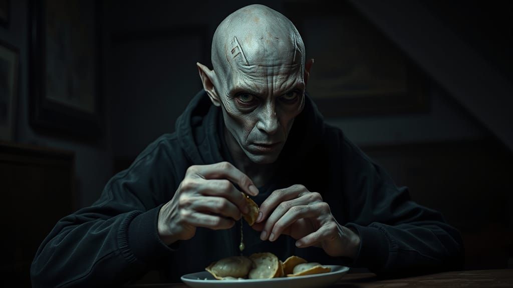 Alien-Human Hybrid Eats Pierogi in Moody, Cinematic Scene