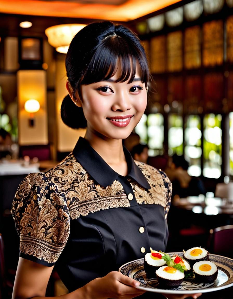 Pretty Indonesian Waitress Serving Food in Restaurant