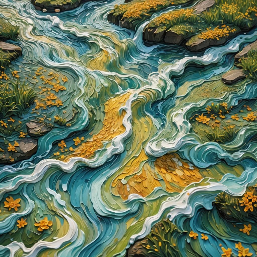 Country River in Impasto Style with 3D Textures