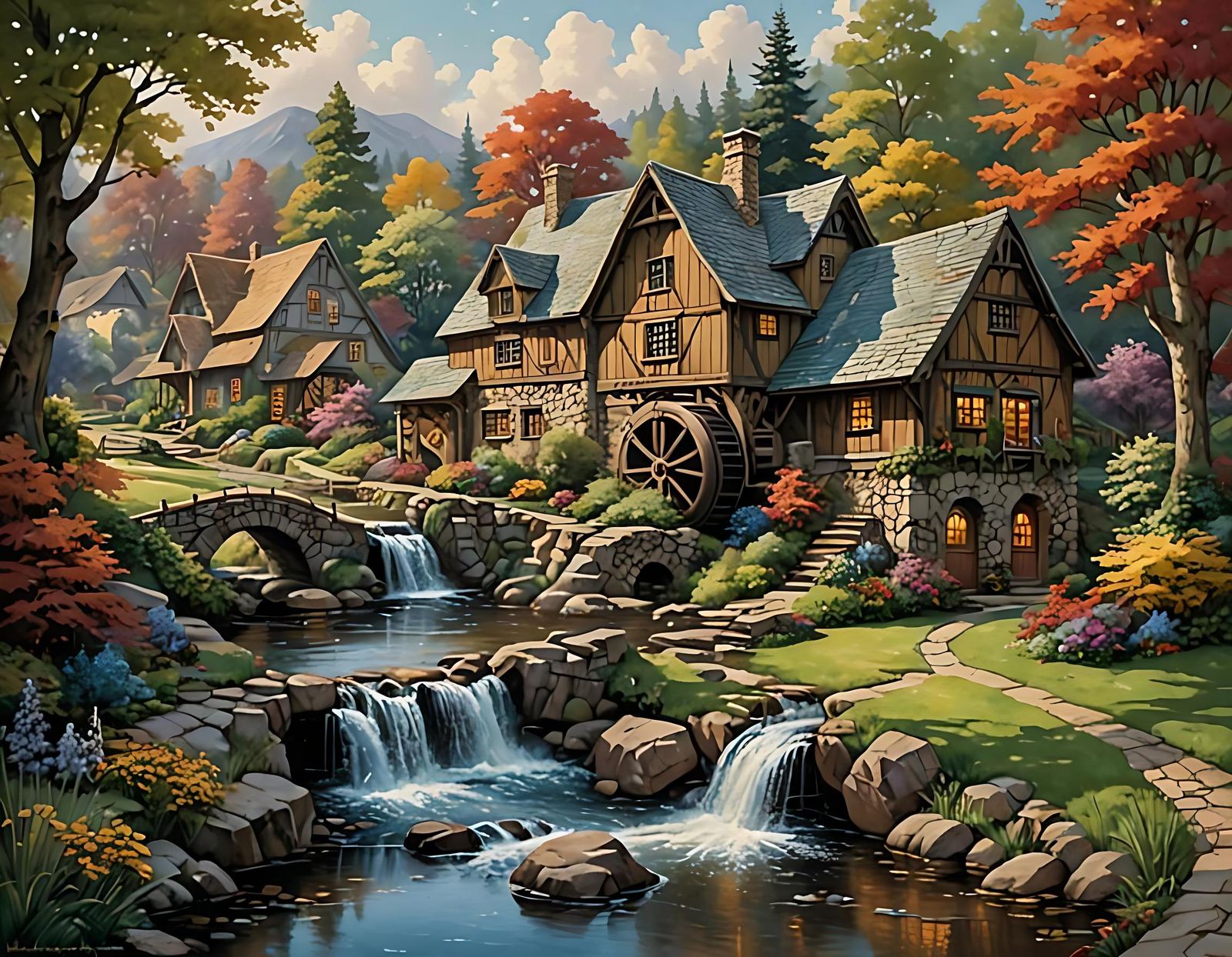 Quaint Water Mill in Cottage Village Painting