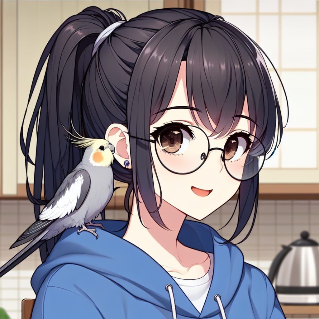 Anime Girl with Cockatiel in Kitchen Scene