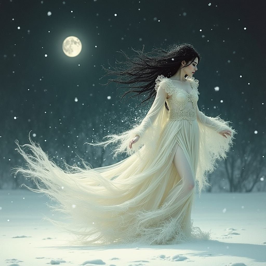 woodcut. A vampire glides gracefully through the snow, her p...