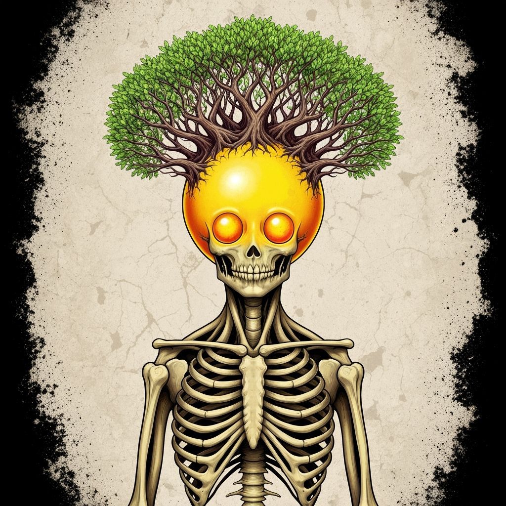 Surreal Skeletal Figure with Orb Head and Tree