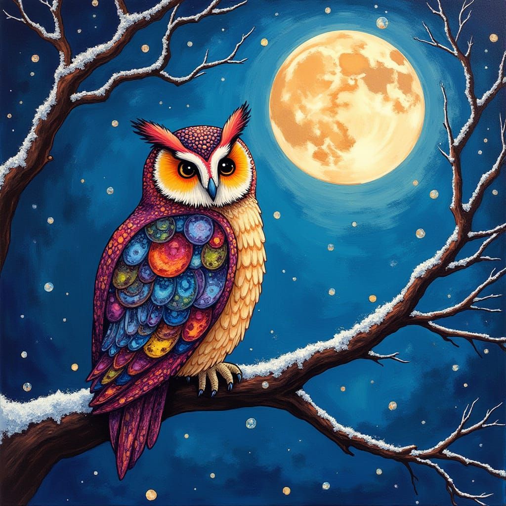 Abstract Jeweled Owl on Wintry Branch
