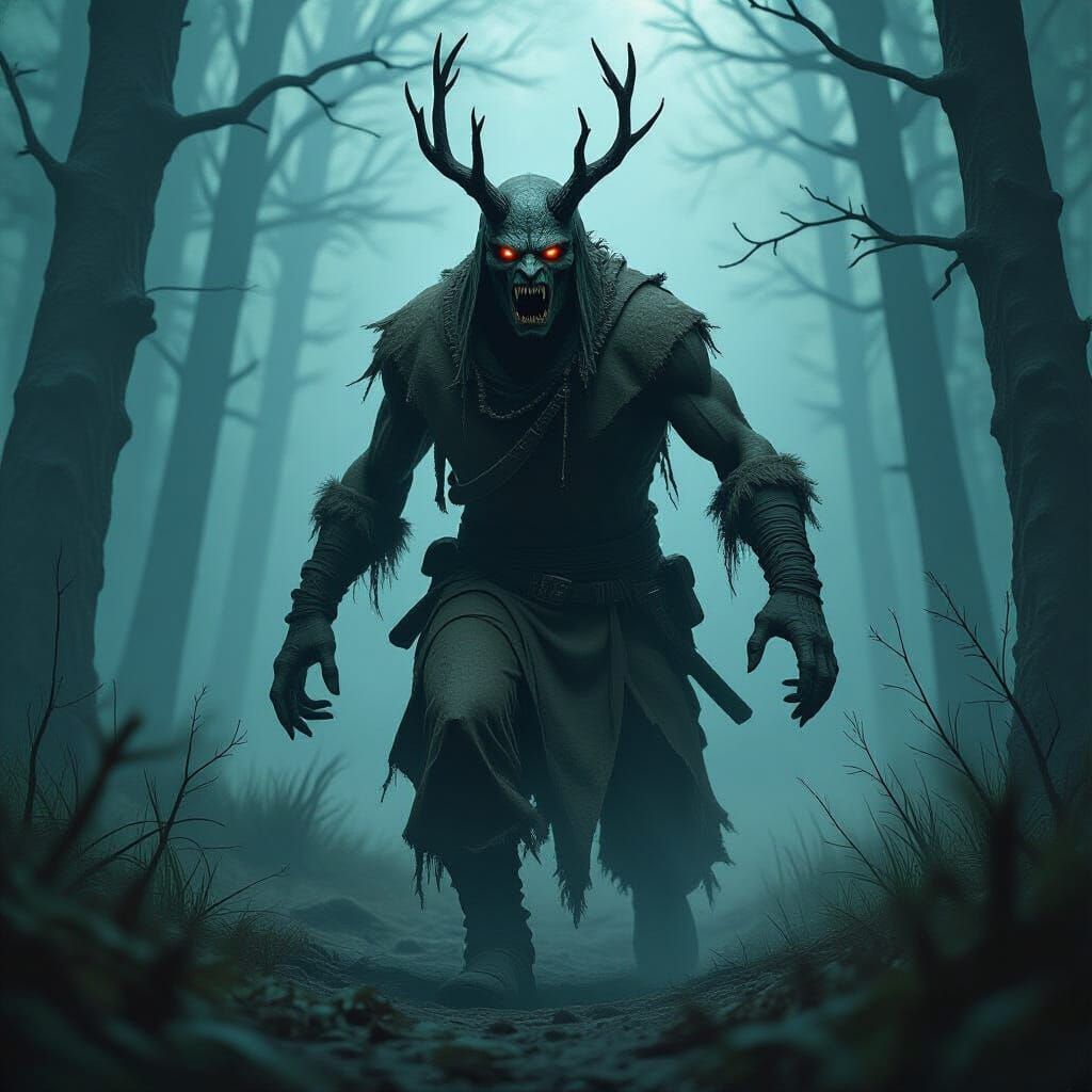 Wendigo Rampage in Mystical Forest, in Surreal Horror Style
