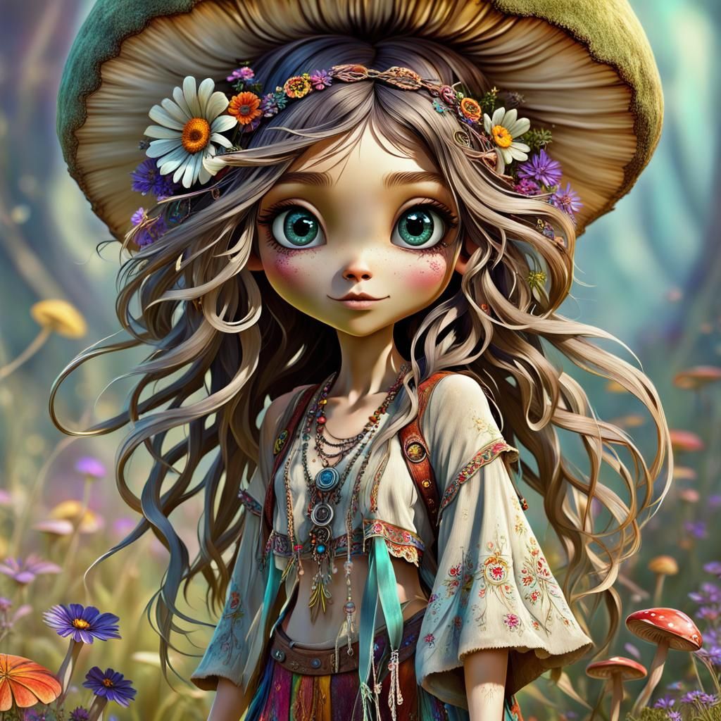 Whimsical Boho Pixie in Mushroom Meadow