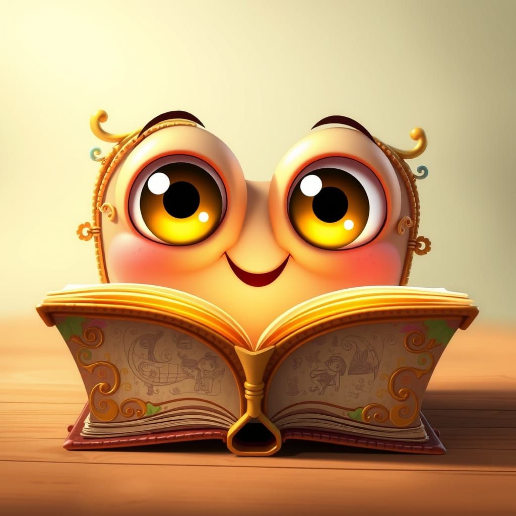 Whimsical Storybook Book with Golden Filigree and Round Eyes