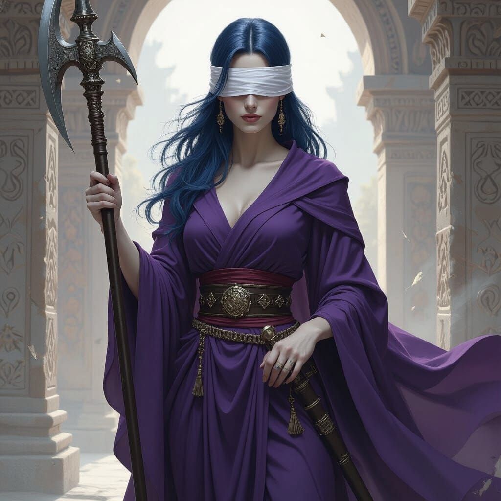 Woman with Halberd and Blindfold in Temple Setting