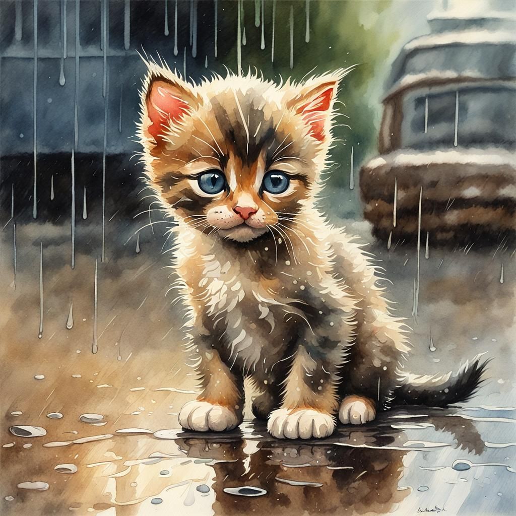 Sad Kitten in Rain: Photorealistic Watercolor Illustration