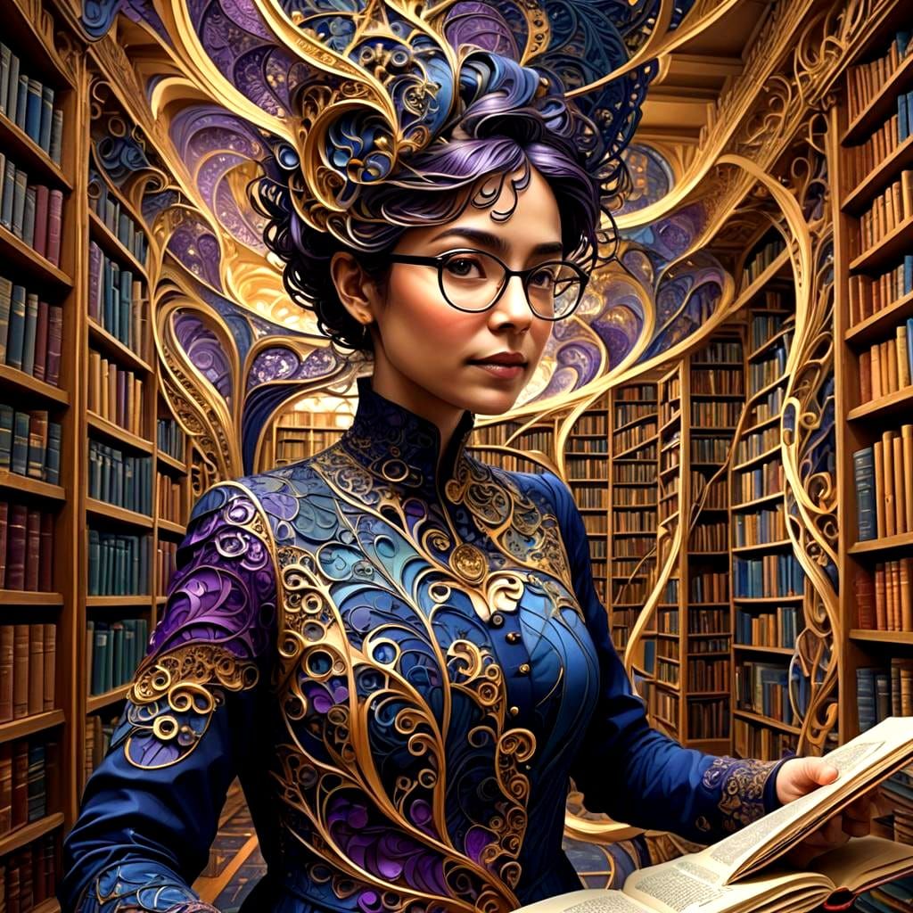 Librarian in Library with Abstract Fractal Design
