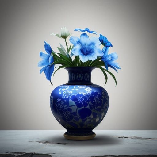 Wilting Flower in Cracked Blue Pattern Vase, Dark Cartoon St...