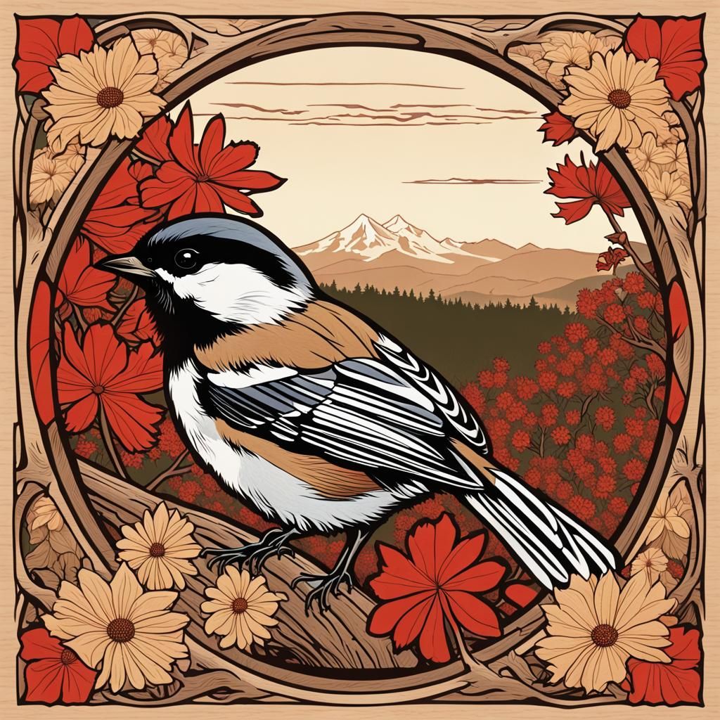 Chickadee and Wildflowers Woodcut in Art Nouveau Style