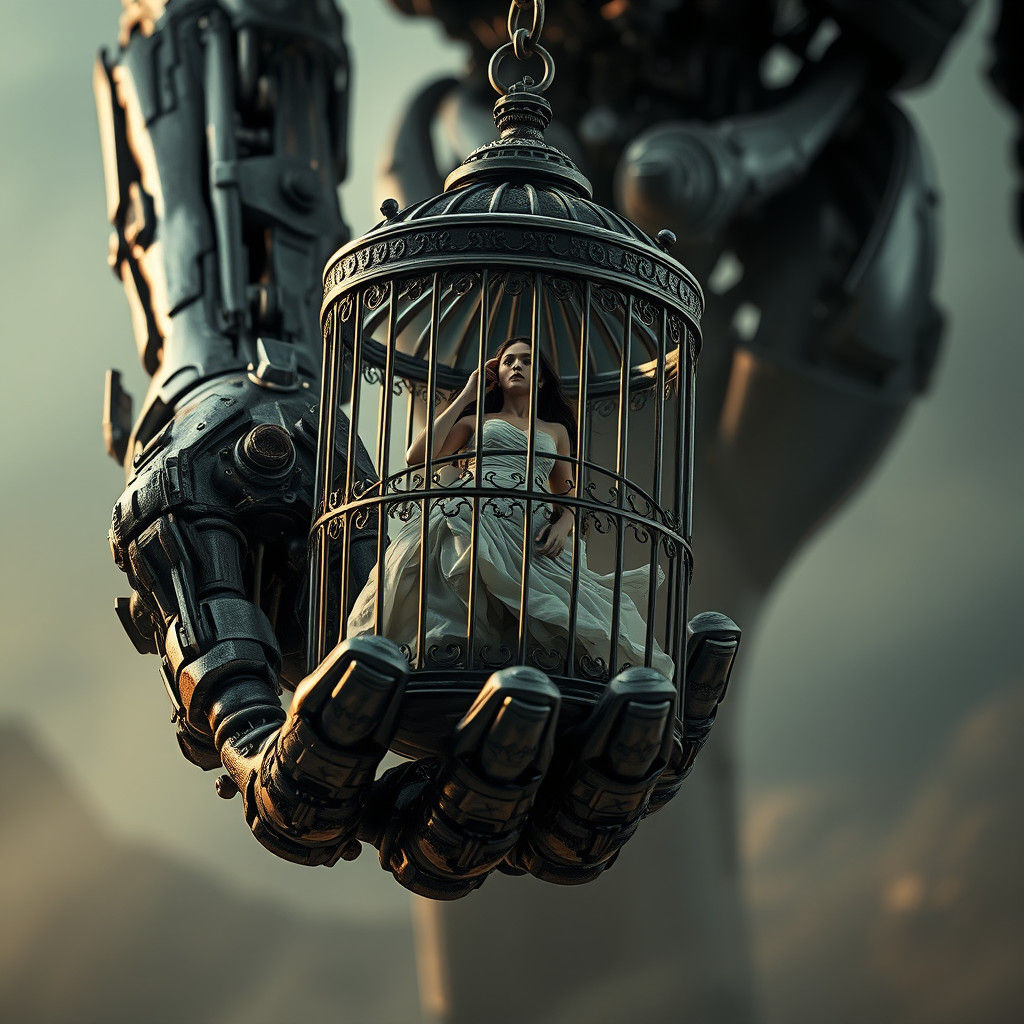 Gigantic Biomechanical Robot Holding Captive in Cage