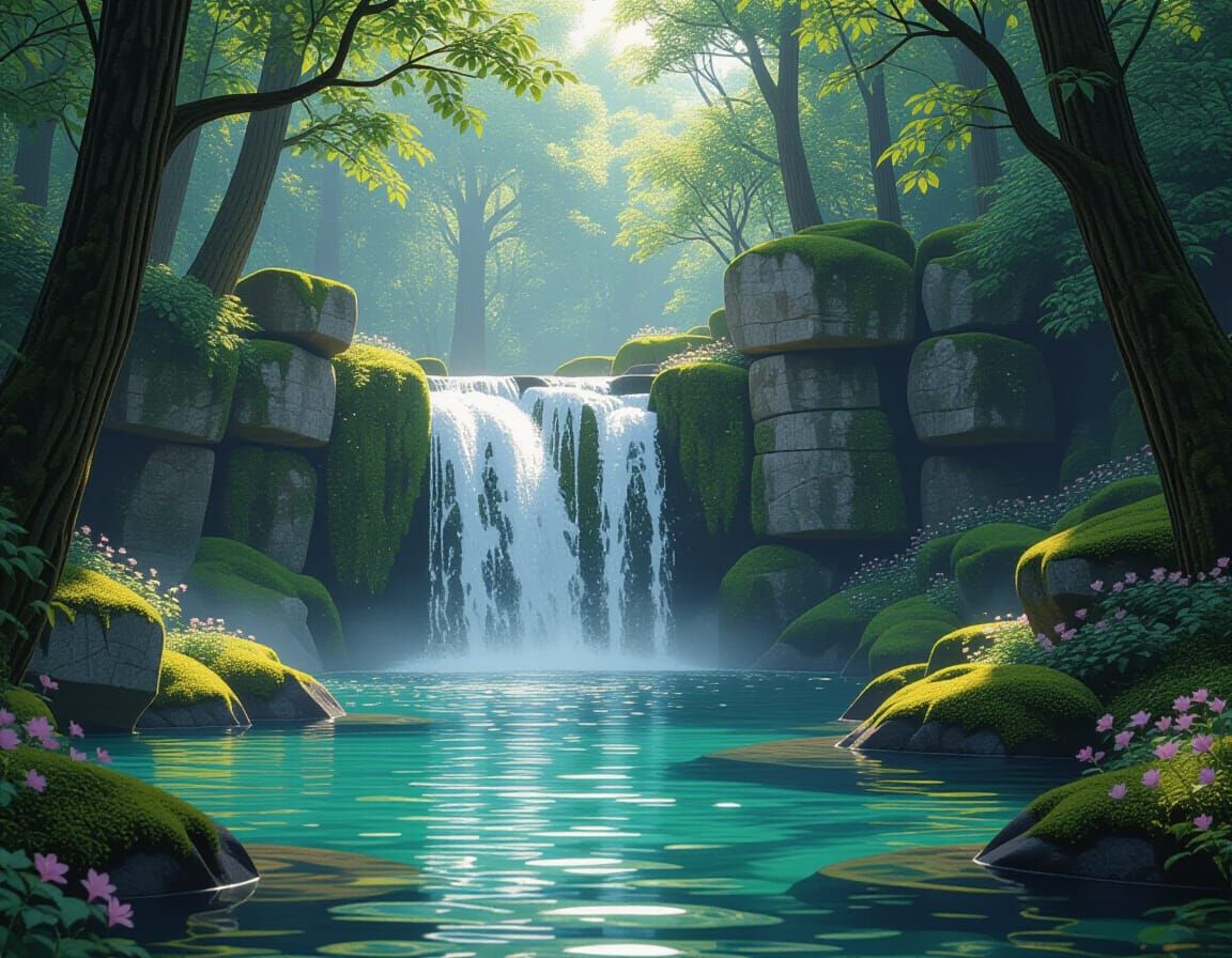 Enchanted Forest Waterfall in Earthy Tones