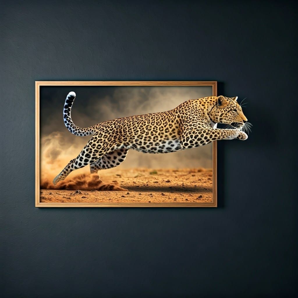 Leopard Leaps from Painting in African Savanna