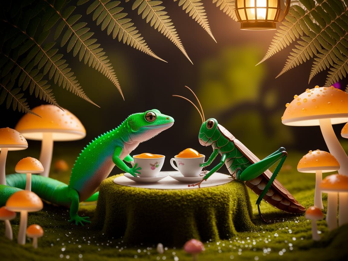 Gecko and Grasshopper Share Tea Party in Fairytale Forest