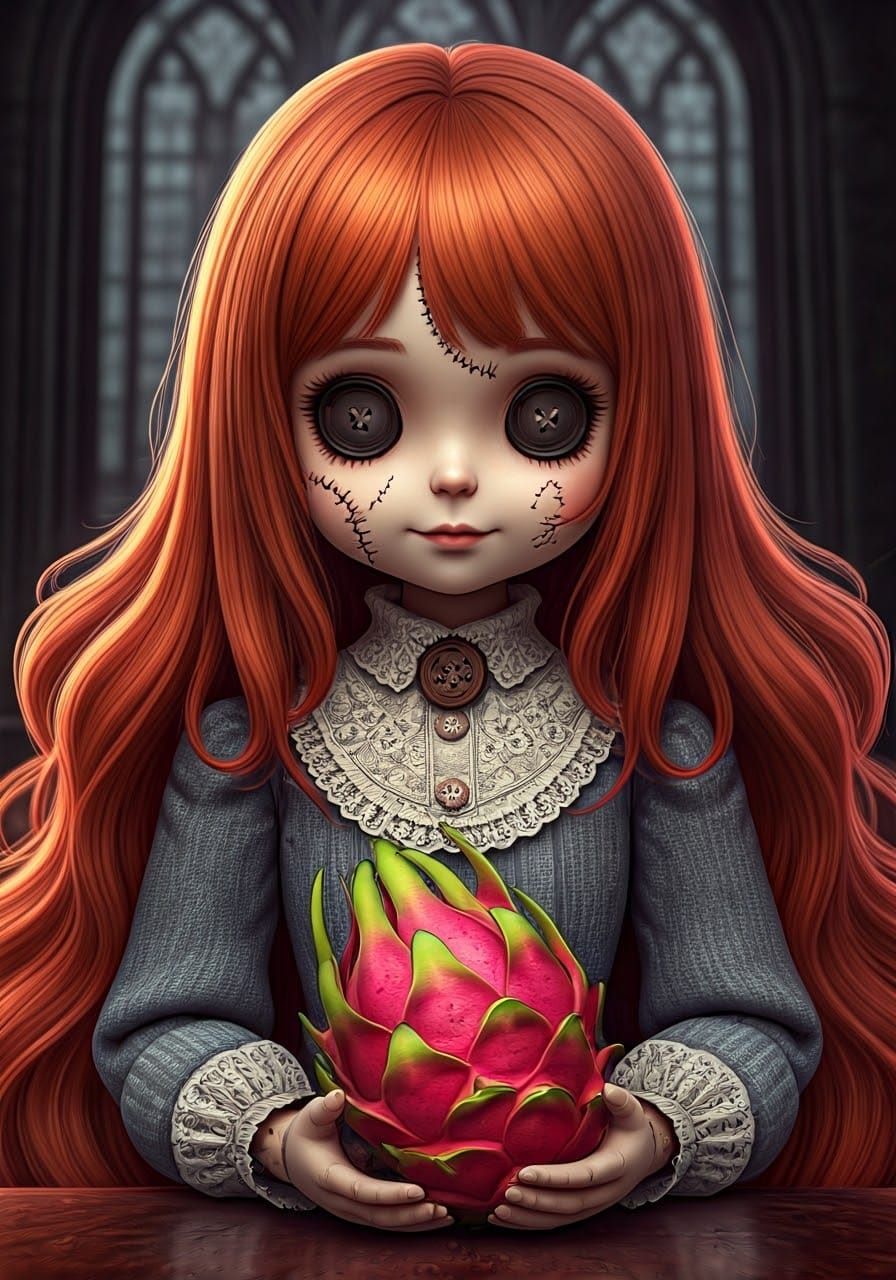 Whimsical Victorian Doll in a Gothic Boardroom