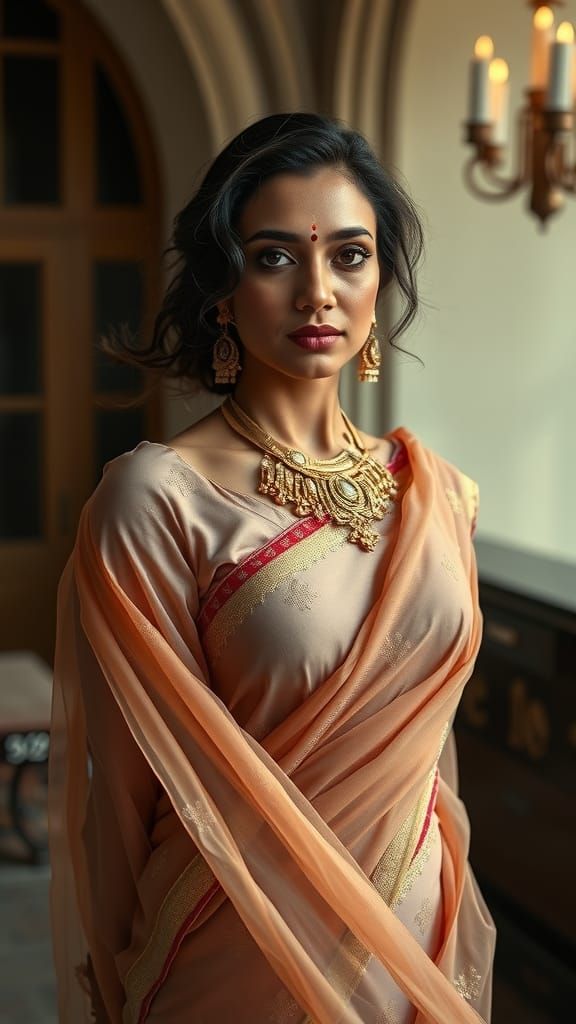 Radiant Indian Woman in Elegant Saree, Cinematic Portrait
