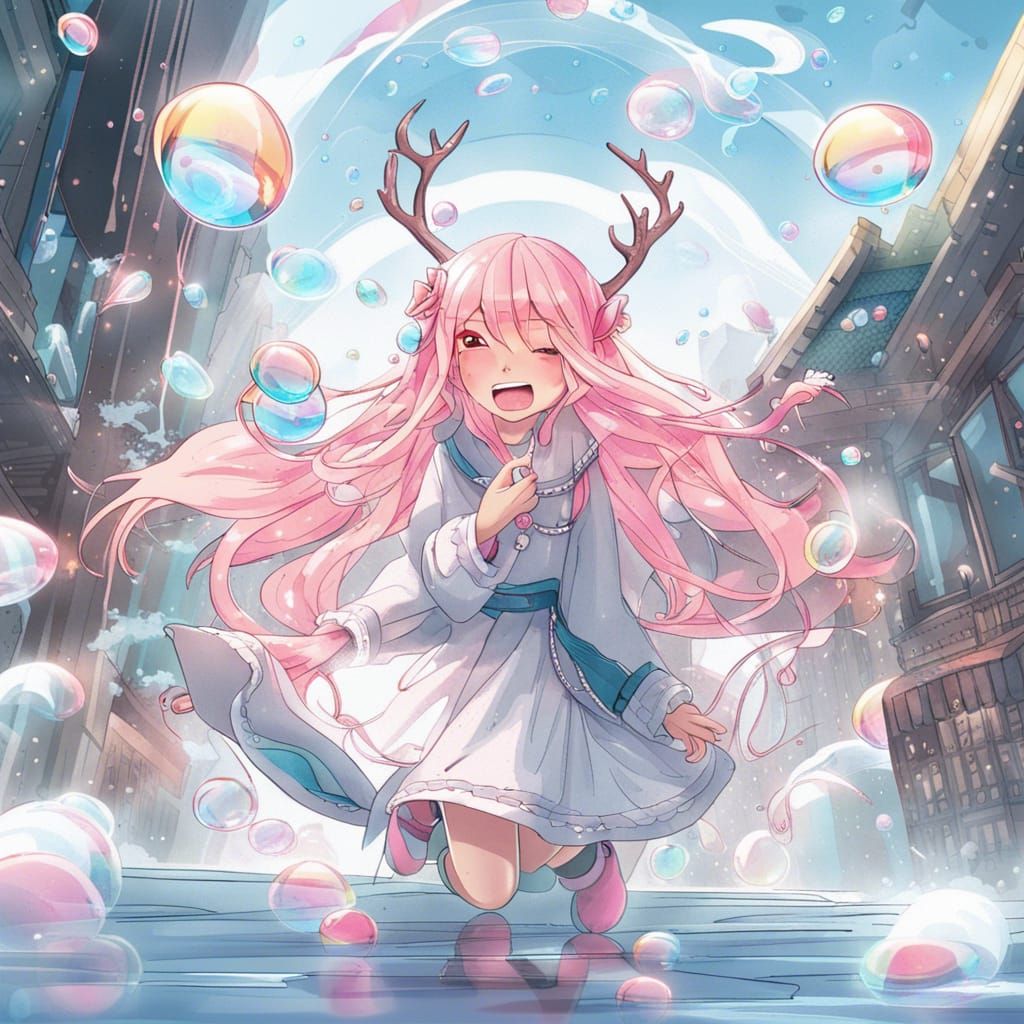 Whimsical Girl with Antlers Flying in Bubbles