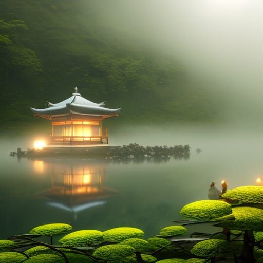 Misty Lanterns Light Japanese Mountainside at Night