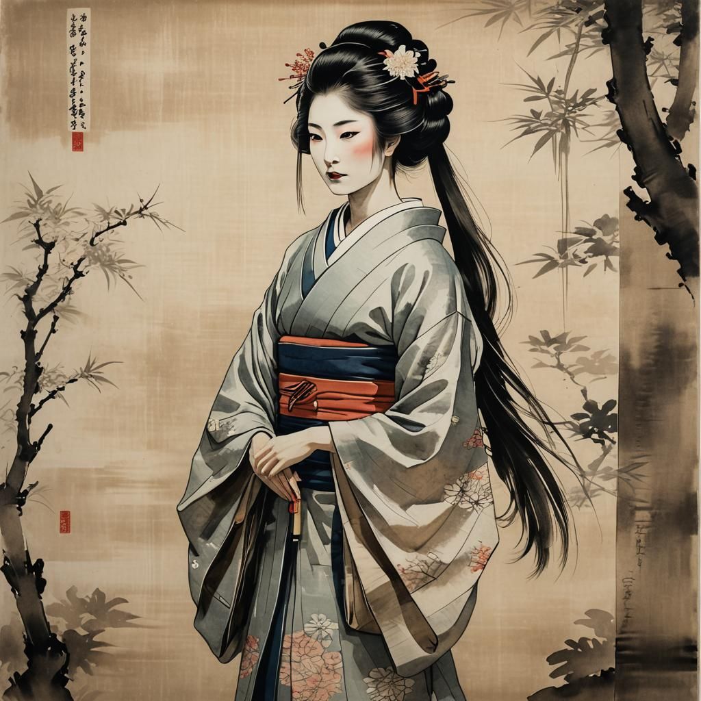 Geisha Portrait in Ukiyo-e Style on Rice Paper