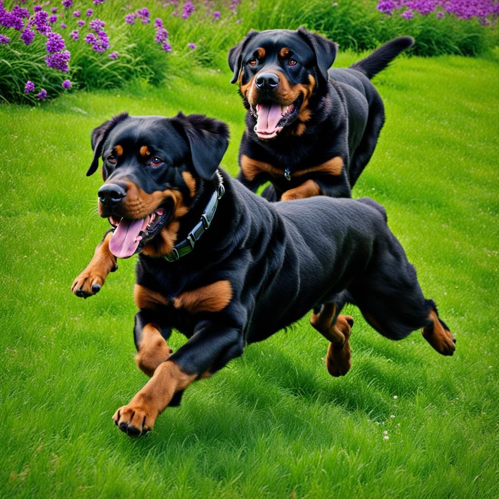 Rottweilers Playing in a Field of Flowers
