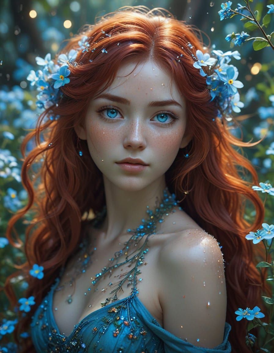 Ethereal Goddess of Forget-Me-Not Flowers in Cyberpunk Style