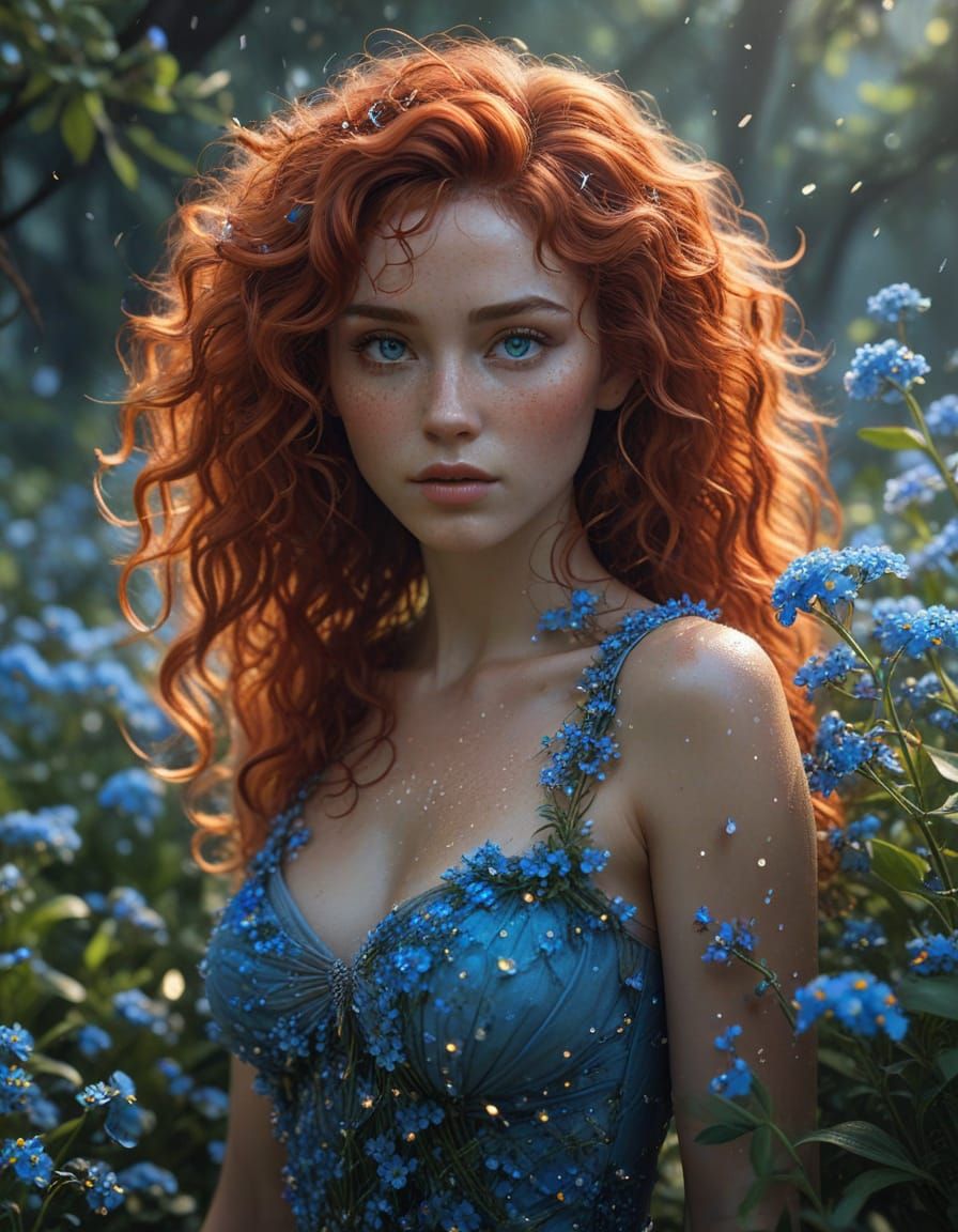 Dreamy Goddess in Fiery Red Curls Amidst Delicate Forget-Me-...