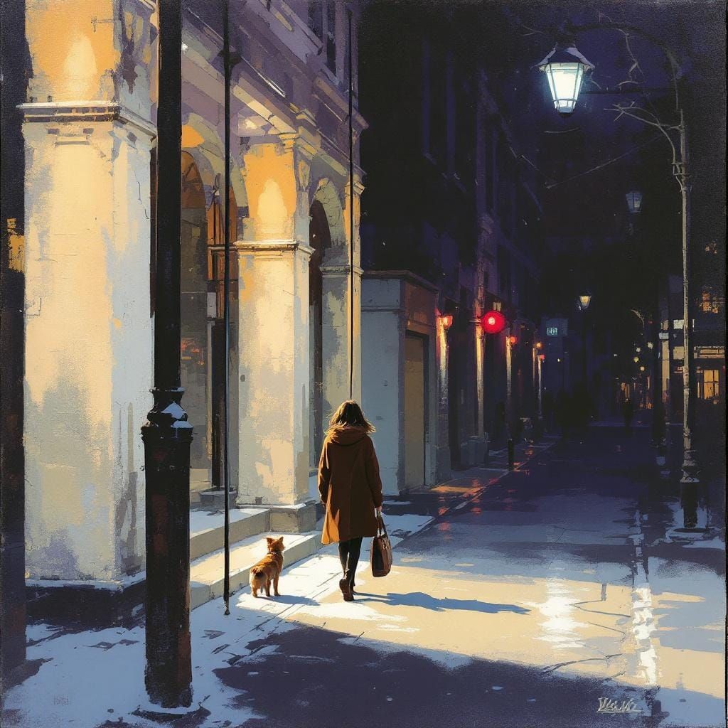 Woman Walks Sunlit Street: Photorealistic Painterly Style