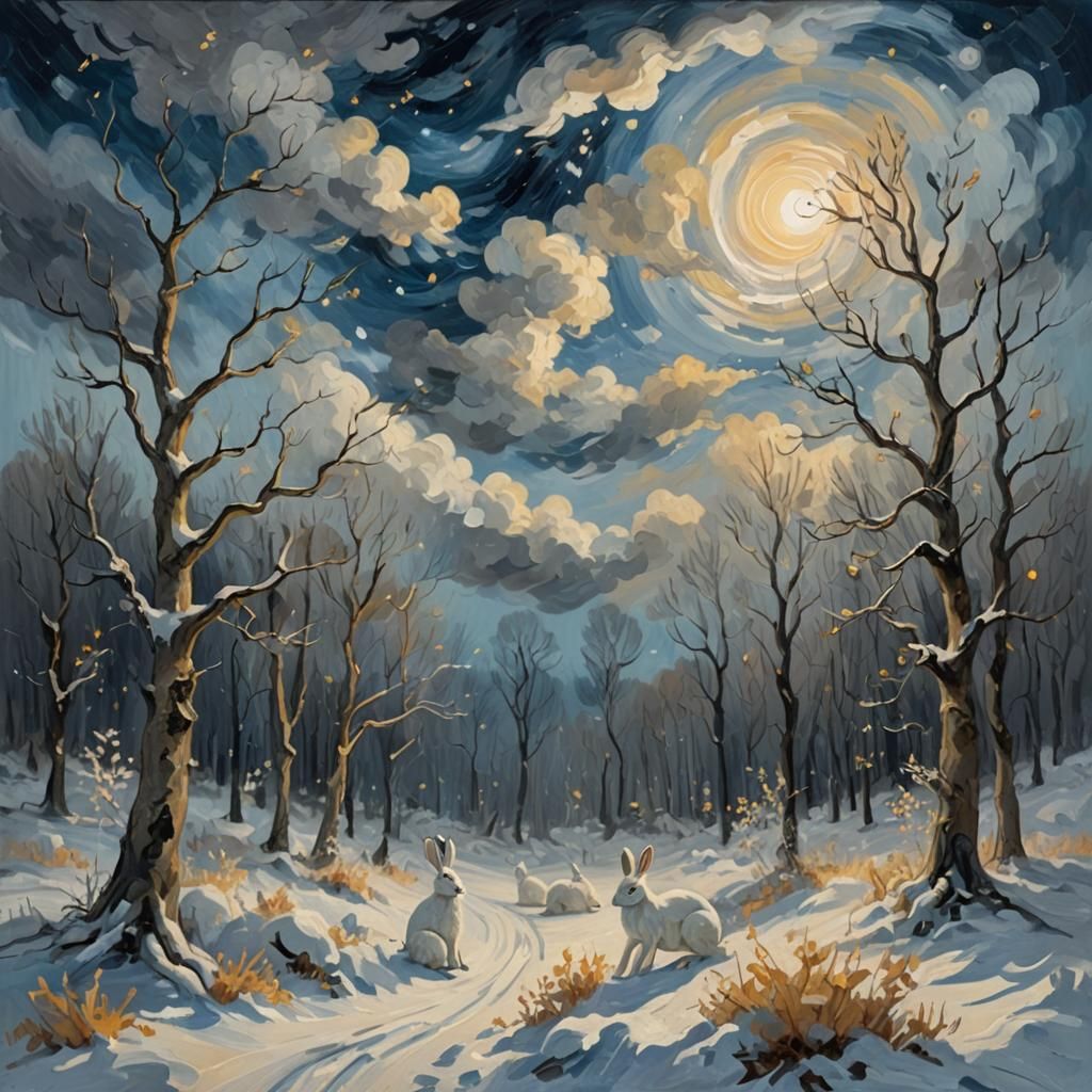 Snow Hares Under Starry Sky: Post-Impressionist Oil Painting