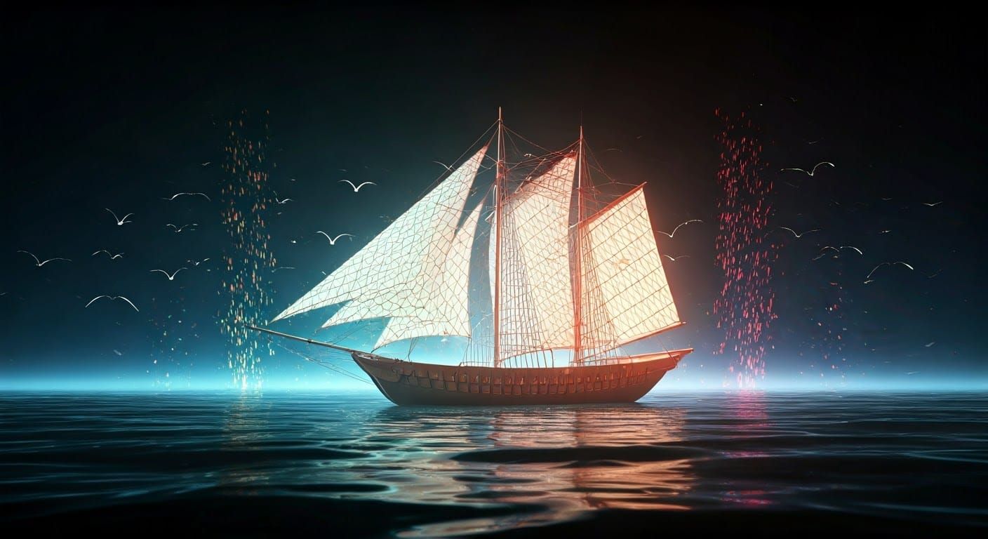 Surreal Shell Boat Adrift in Dreamlike Ethereal Landscape