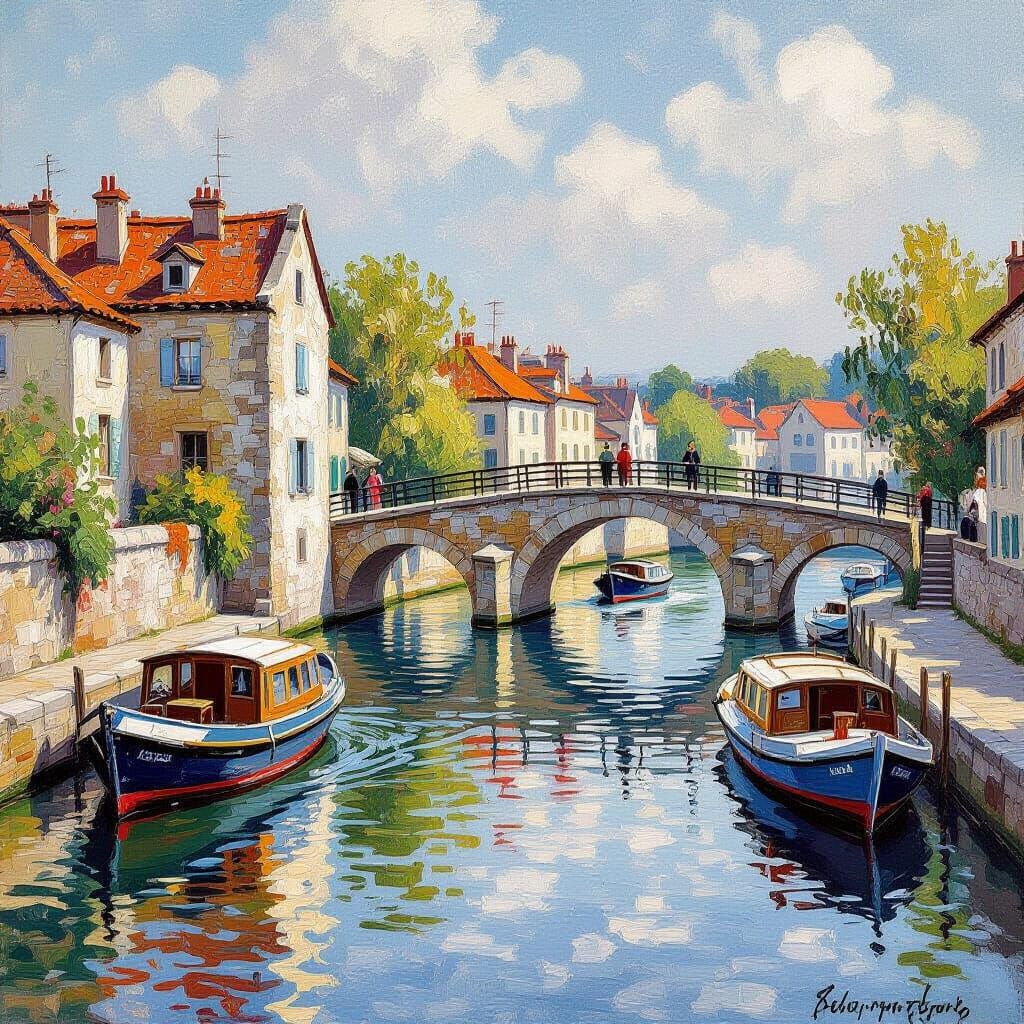 Riverbank Scene with Vintage and Modern Bridges in Impressio...