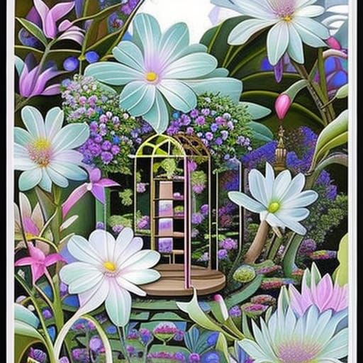 Lush Secret Garden with Ethereal Flowers and Trees