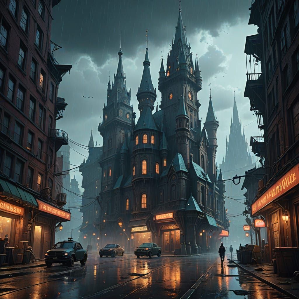 Dreamlike Cityscape on a Rainy Day in Fantasy Art Style