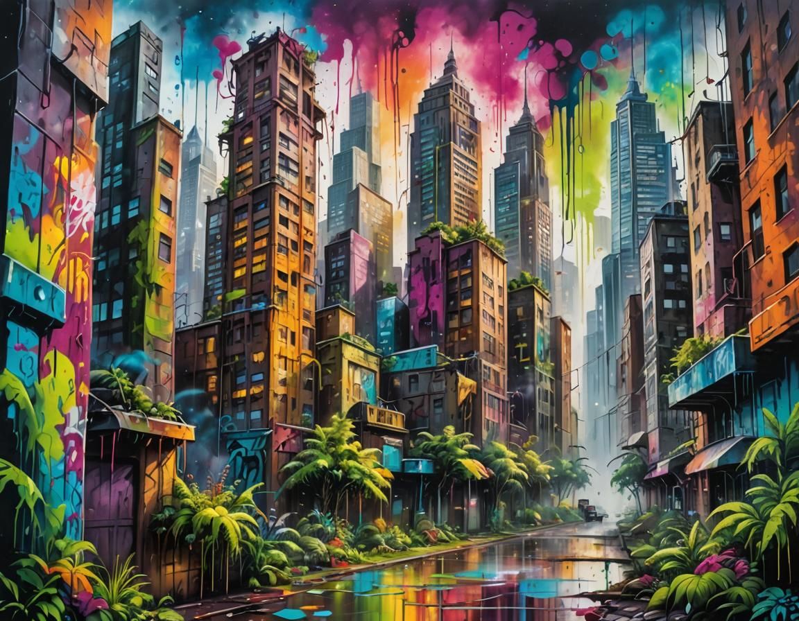 Vibrant Graffiti Cityscape in Abstract Expressionism