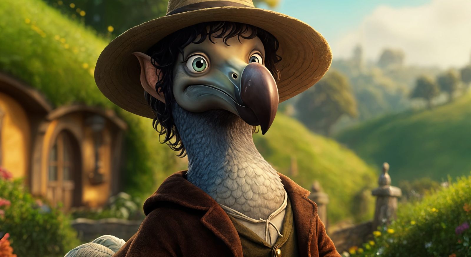 CGI Cartoon Dodo Bird as Frodo Baggins in the Shire