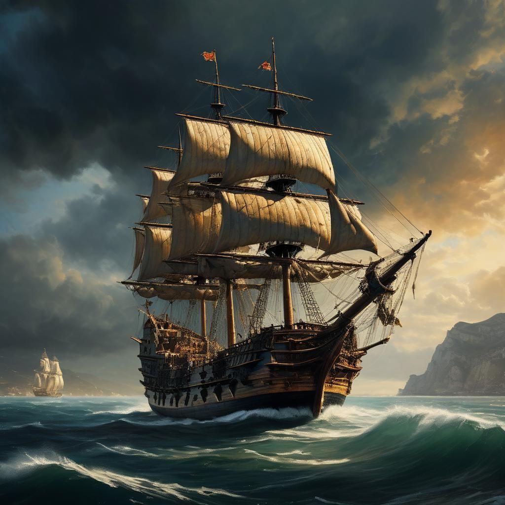 Spanish Galleon Sails Strait of Gibraltar: Oil Painting