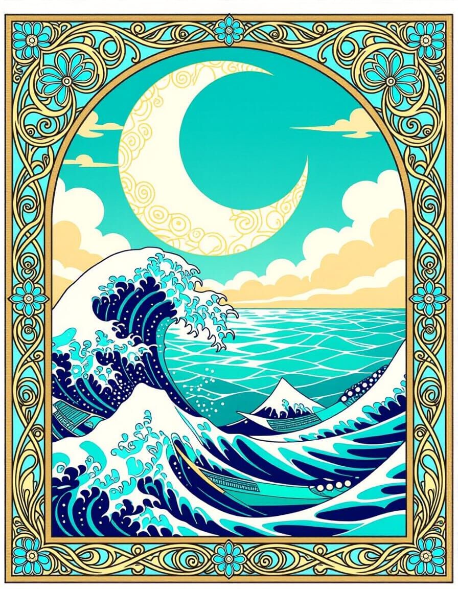 Turquoise Sea Geometric Waves with Crescent Moon, Art Nouvea...