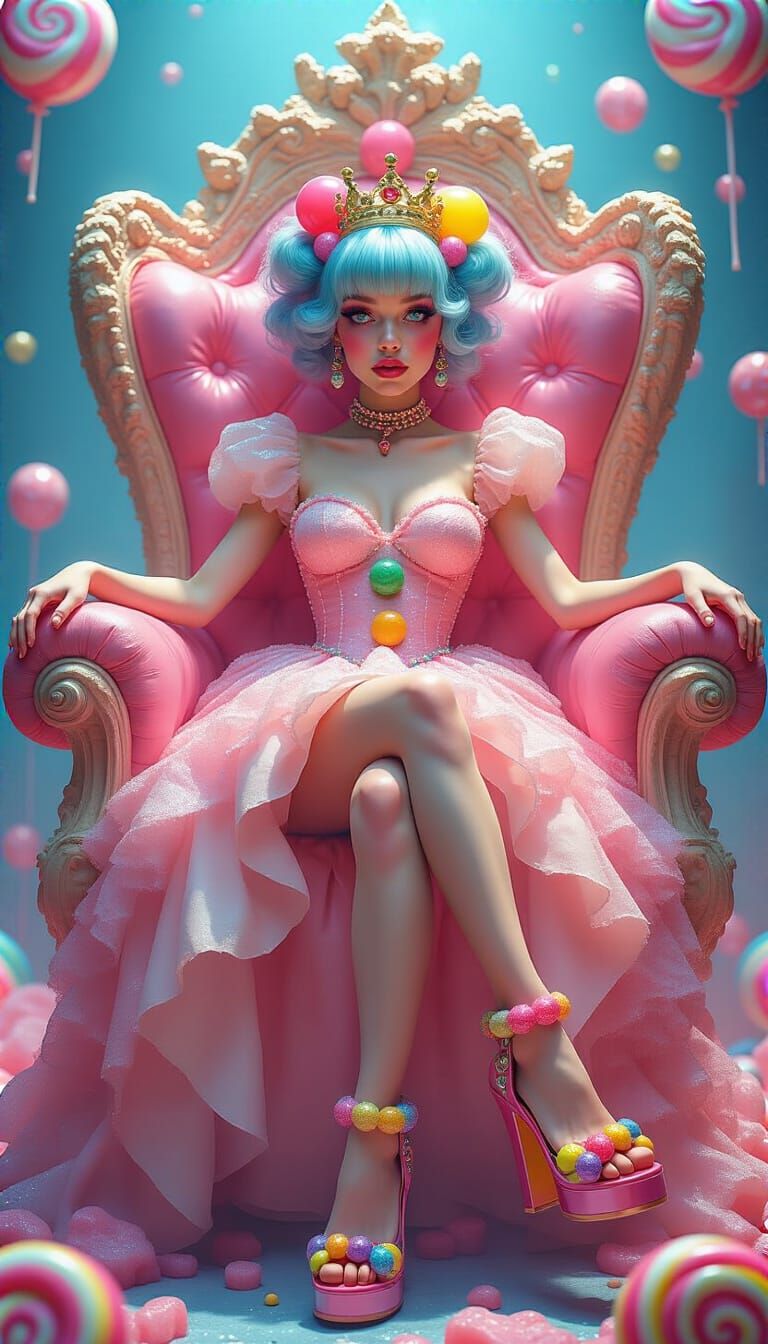 Bubblegum Princess on Candy Throne: Hyperrealistic Digital A...