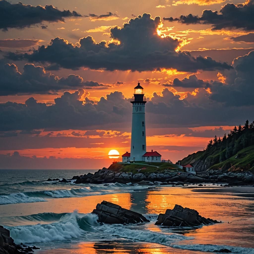 Lighthouse Ocean Sunset Dreamland
