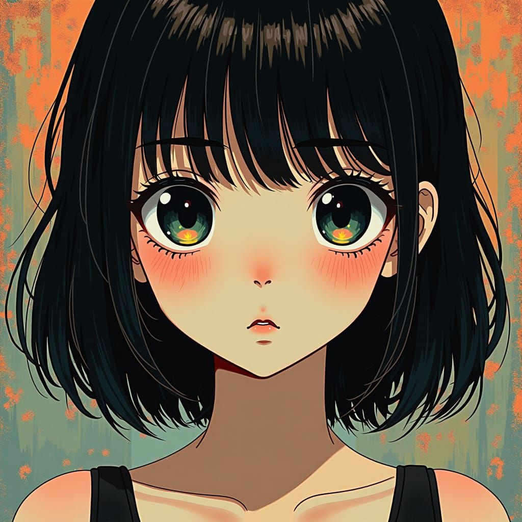 Glitchcore Replicant Girl in Anime Expressionist Style