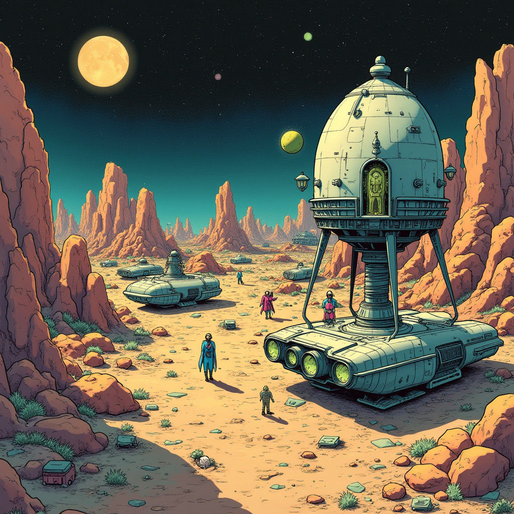 Alien Spacecraft Junkyard in Moebius Style