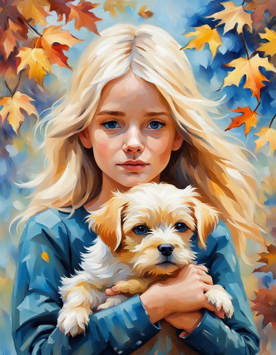 Girl with Puppy in Autumn Foliage as Oil Painting