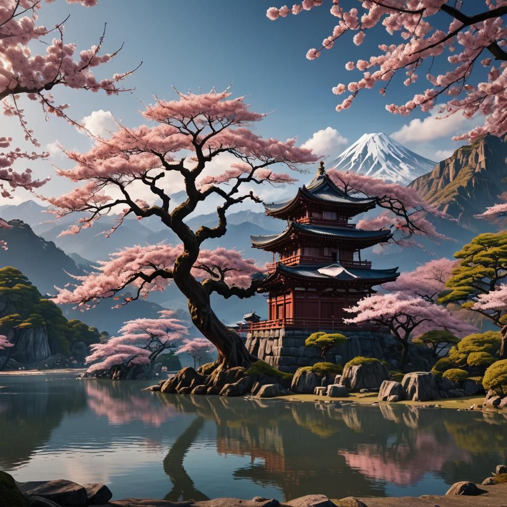 Sakura Tree by Lake: Fantasy Matte Painting