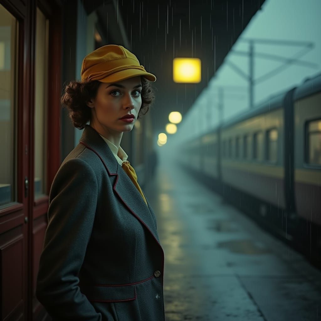 A Woman's Gaze Amidst Rainy Eastern European Train Station S...