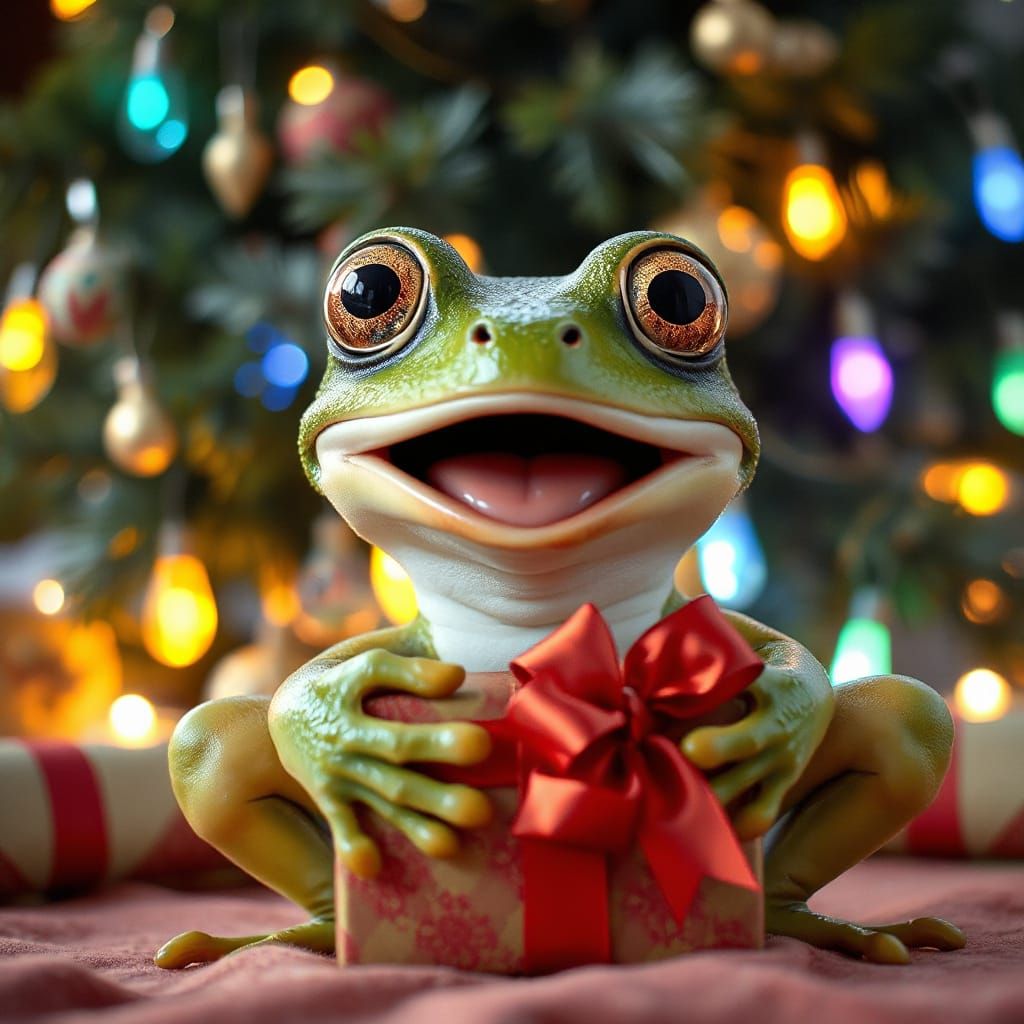 Surprised Frog Unwraps Christmas Gift