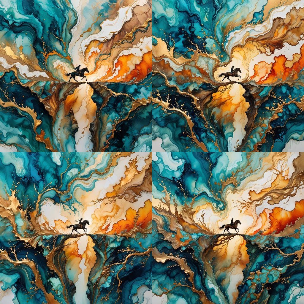 Horseman Galloping Over Cliff Bridge in Fluid Art Style